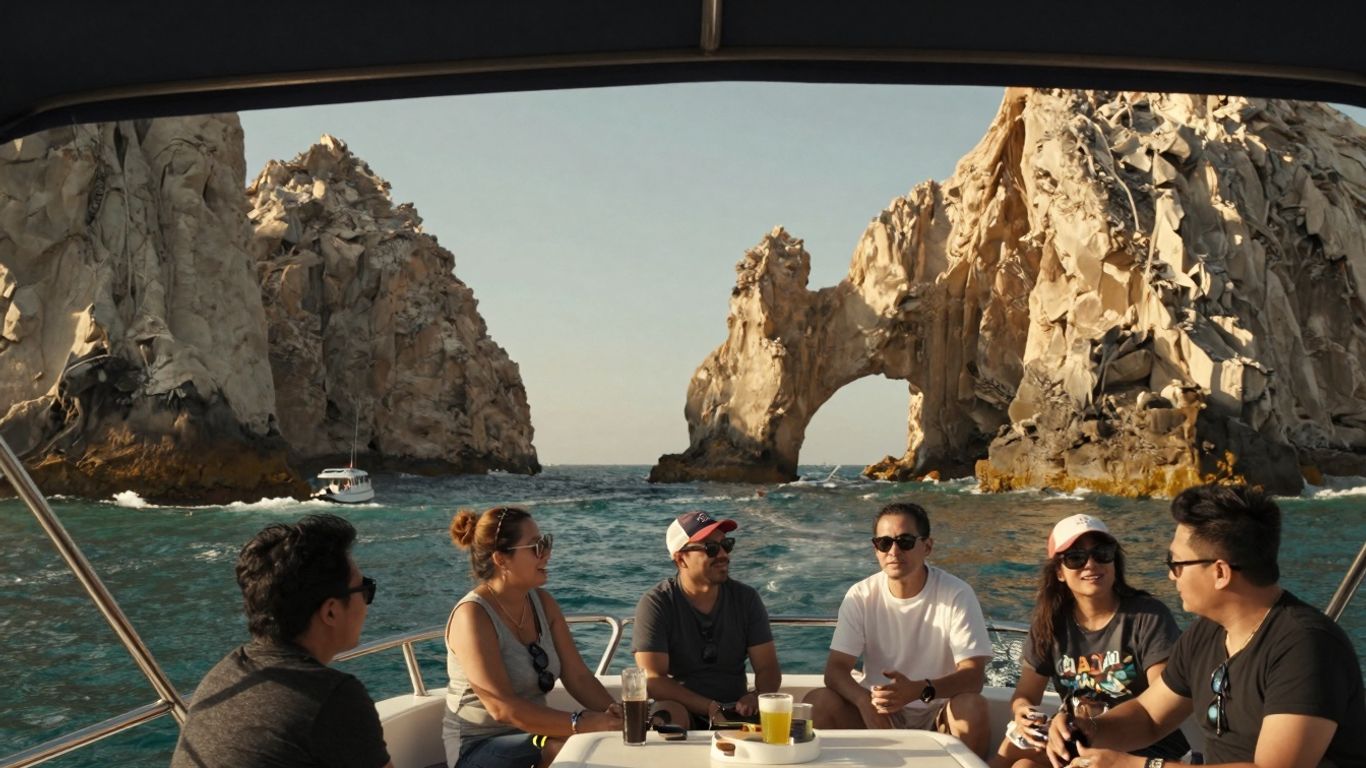Public yacht tour approaching El Arco in Cabo.