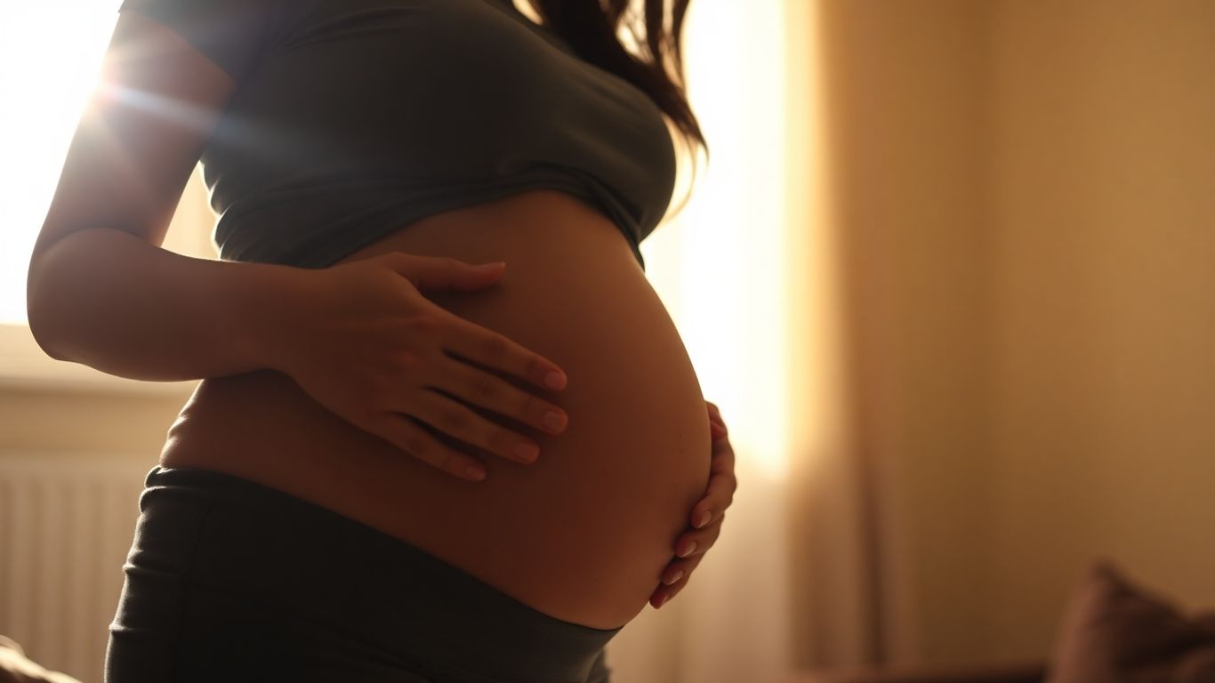 Mulher grávida tocando a barriga com um sorriso.