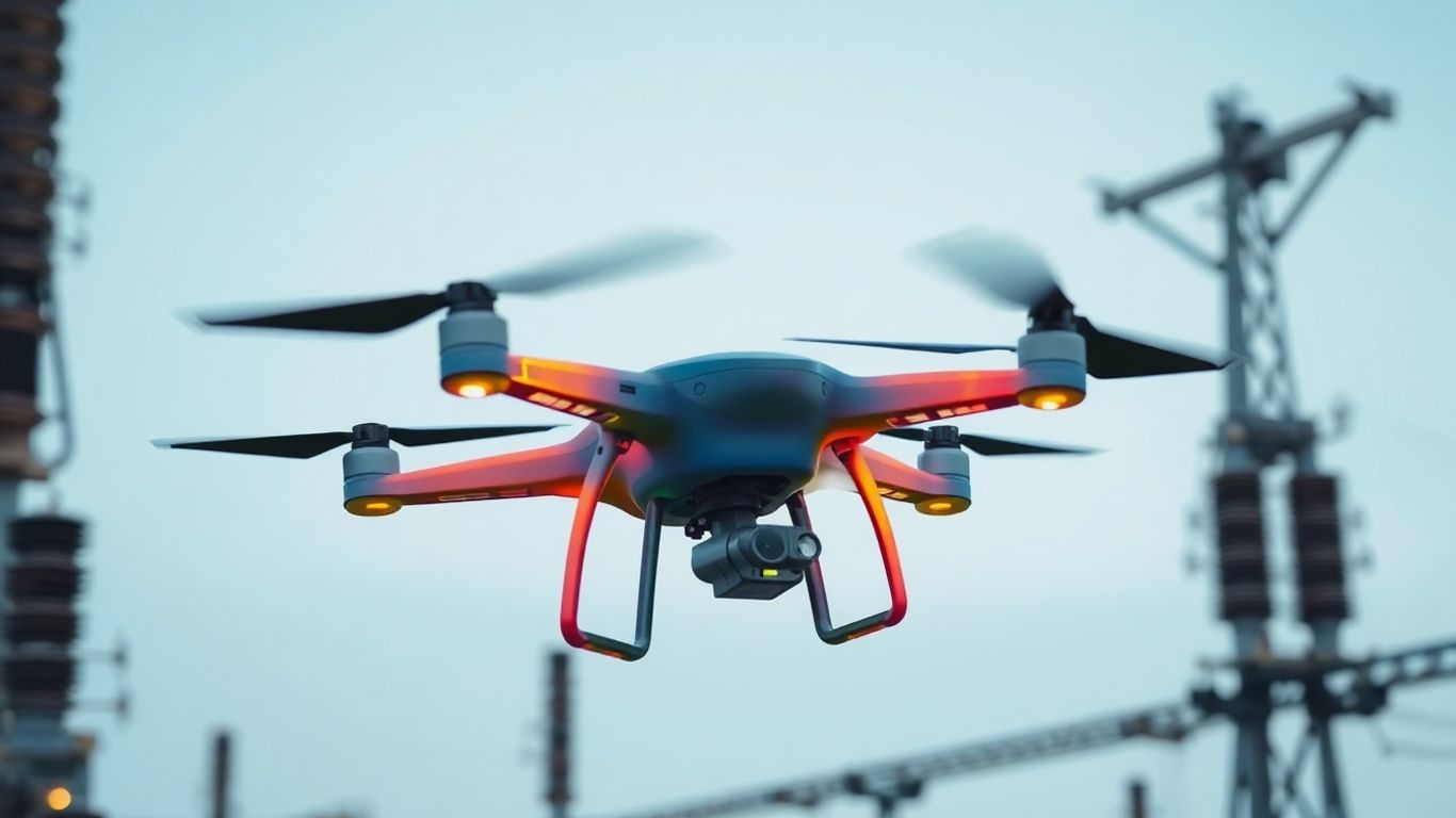 Drone inspecting utility substation with thermal camera.