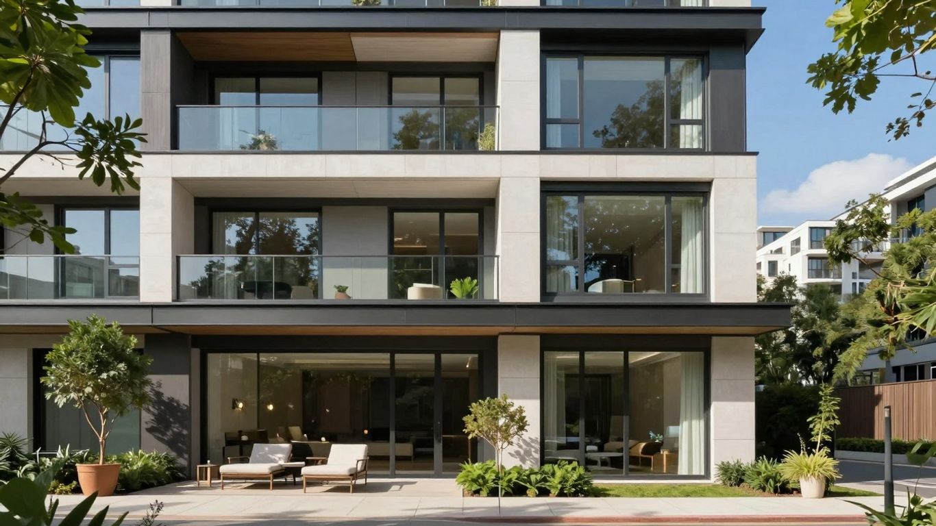 Modern apartment building with greenery and blue sky.