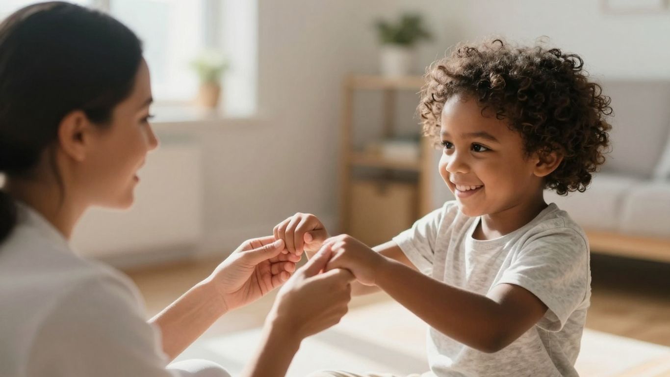 Child and therapist interacting positively during ABA therapy session.