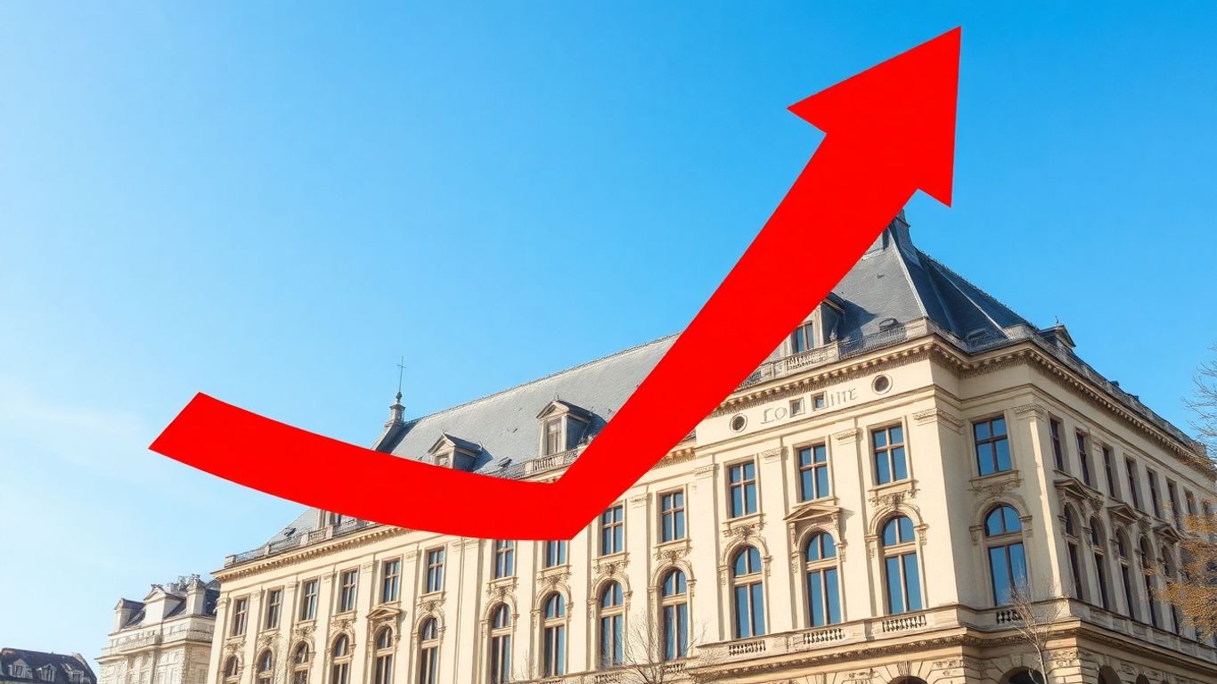 Flèche rouge ascendante sur le bâtiment de Bercy.
