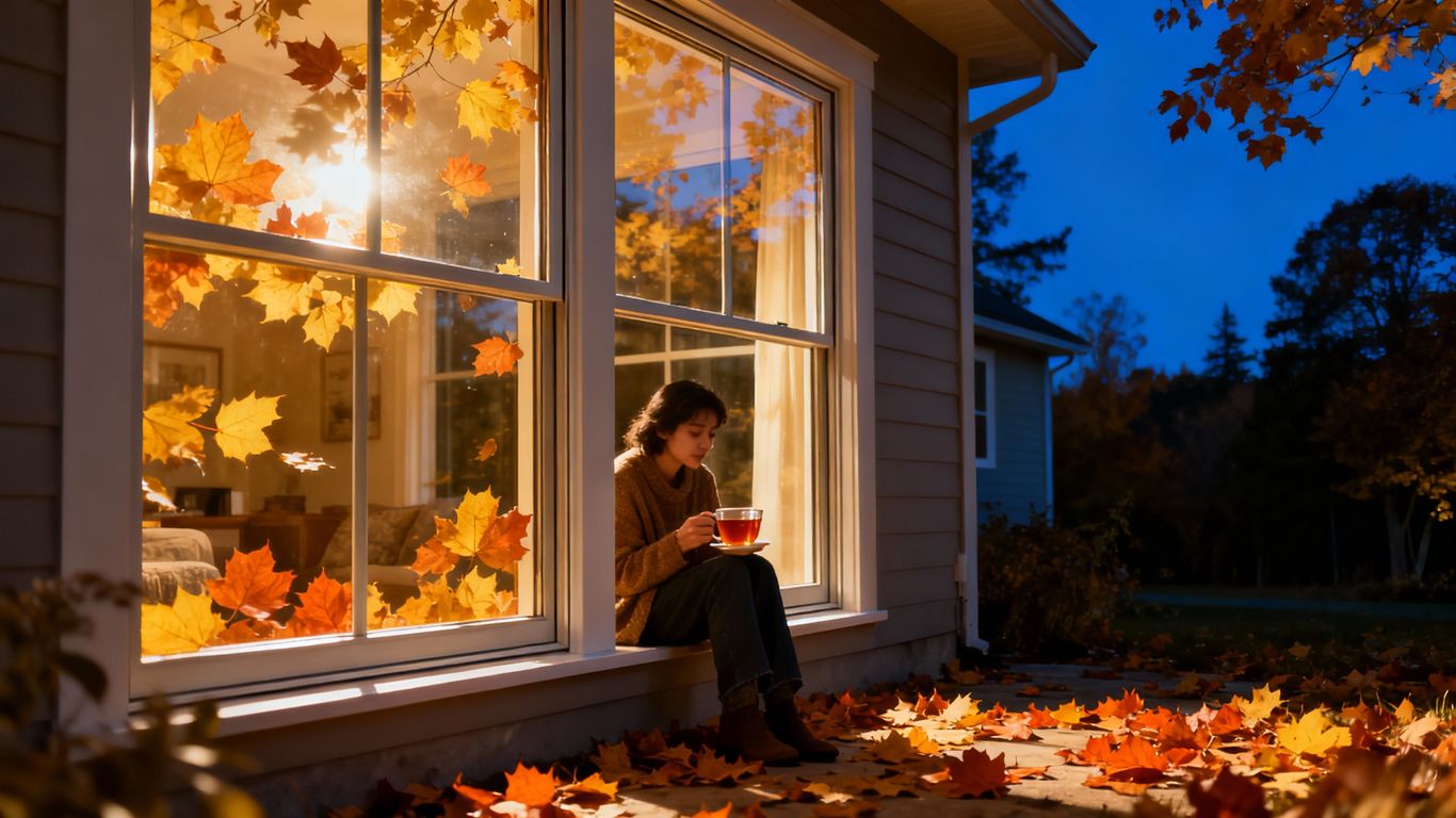 Home with new windows and autumn leaves outside
