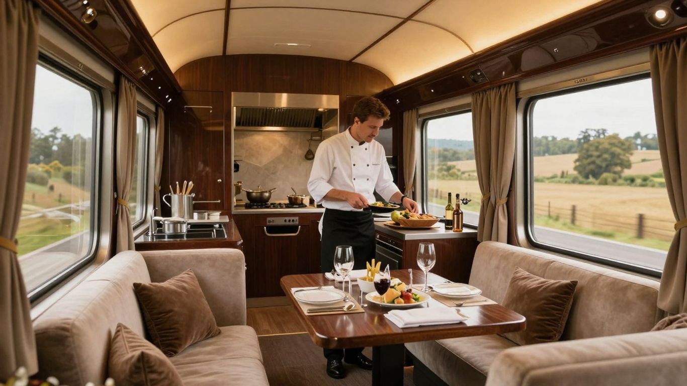 Luxury train car interior with chef and butler.