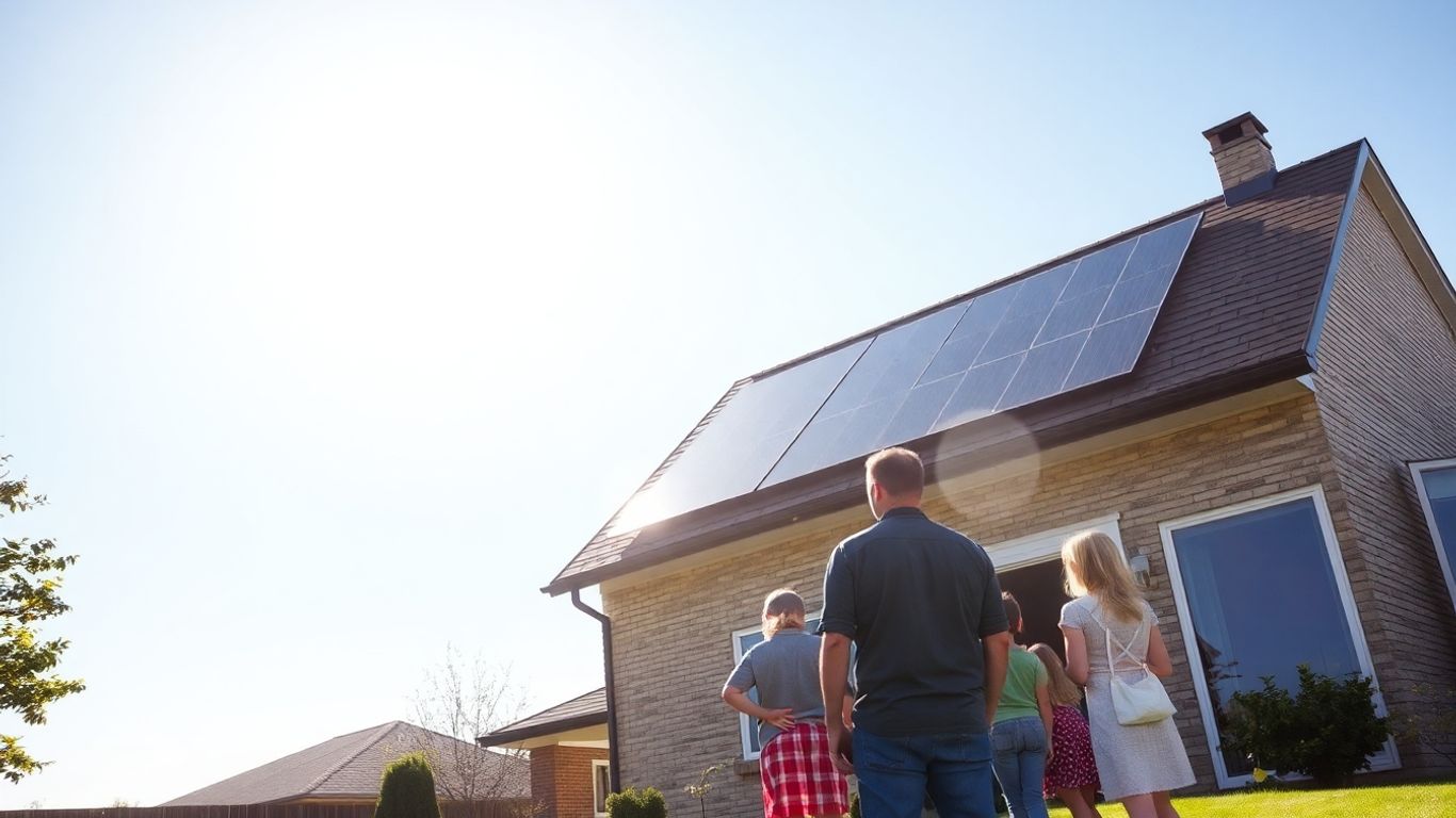 Solar panels on a house roof with family below.