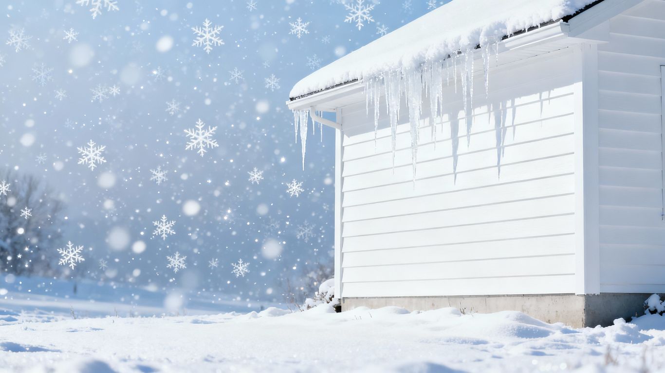 House with new white siding in falling snow.