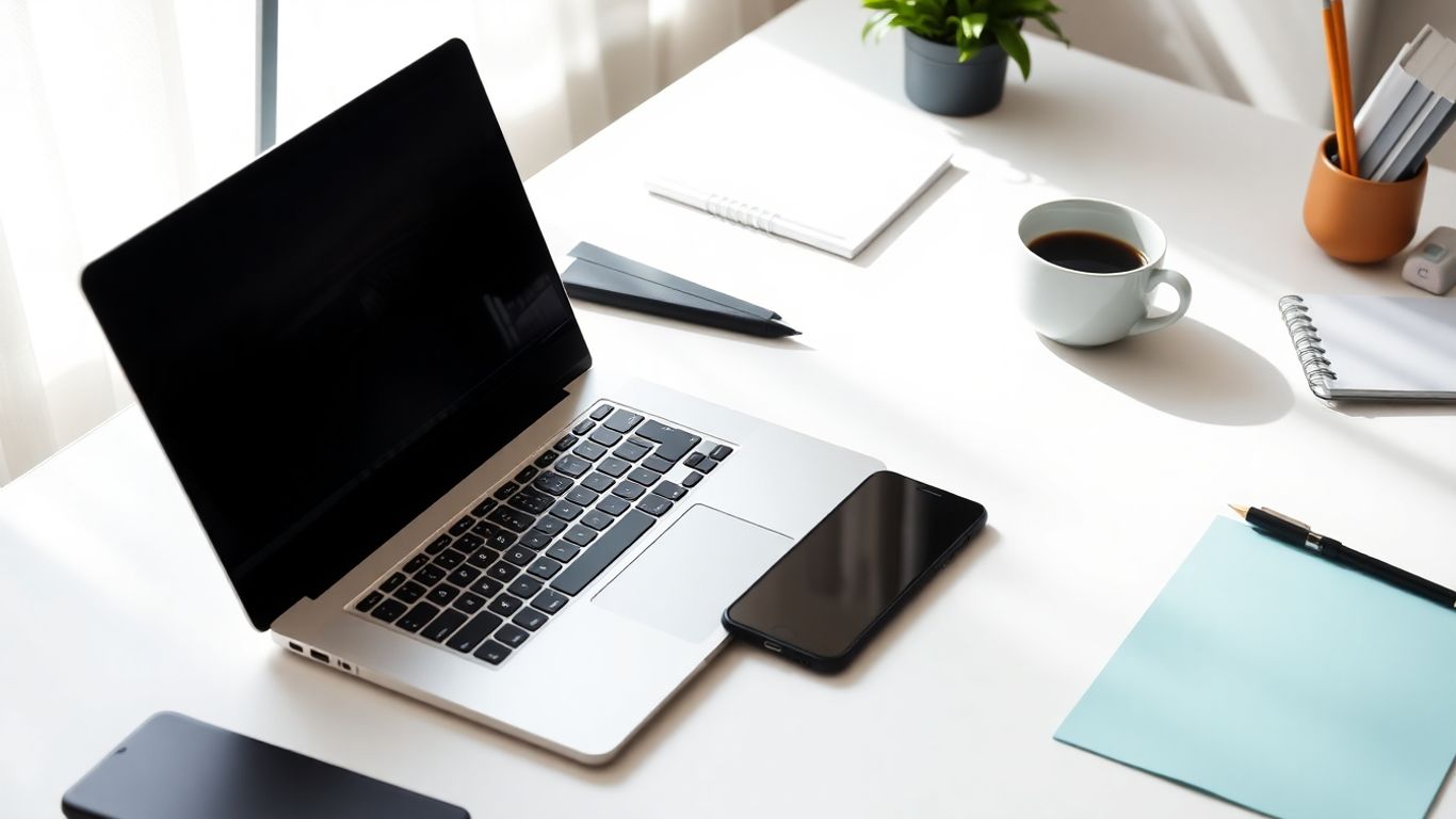 Modern desk workspace with laptop and smartphone