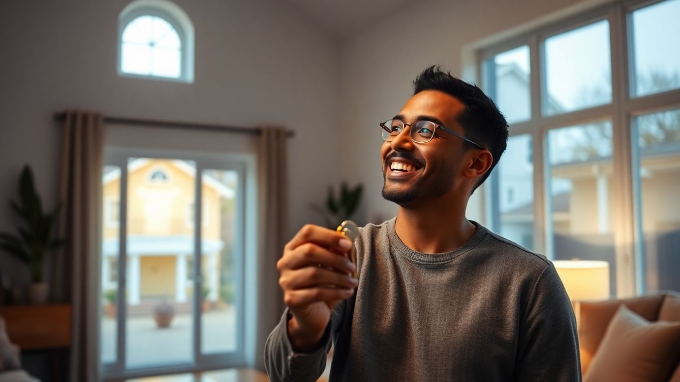 Persona sonriente con llaves y casa iluminada.
