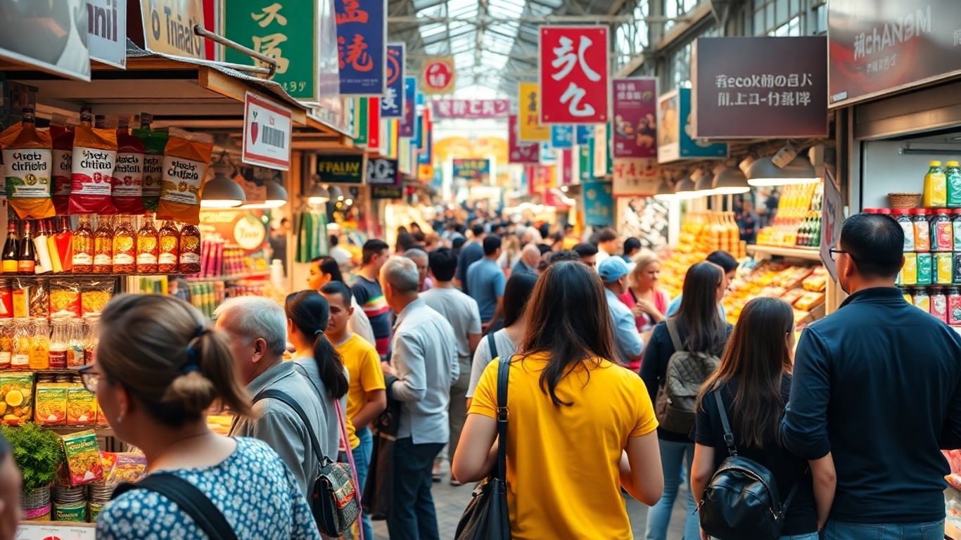 People interacting with promotional displays in a market.