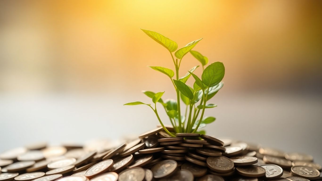 Growing plant from coins, symbolizing wealth accumulation.