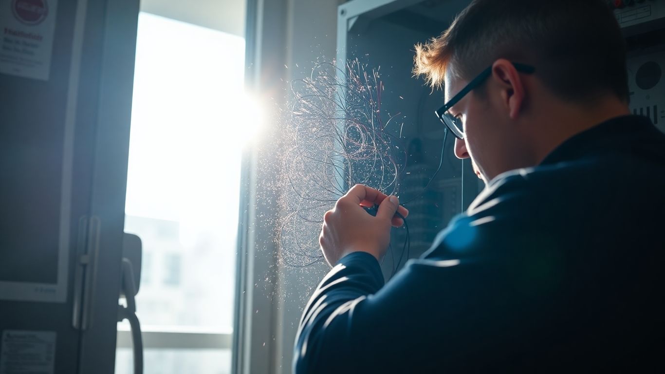 Technician working on a complex electrical panel.