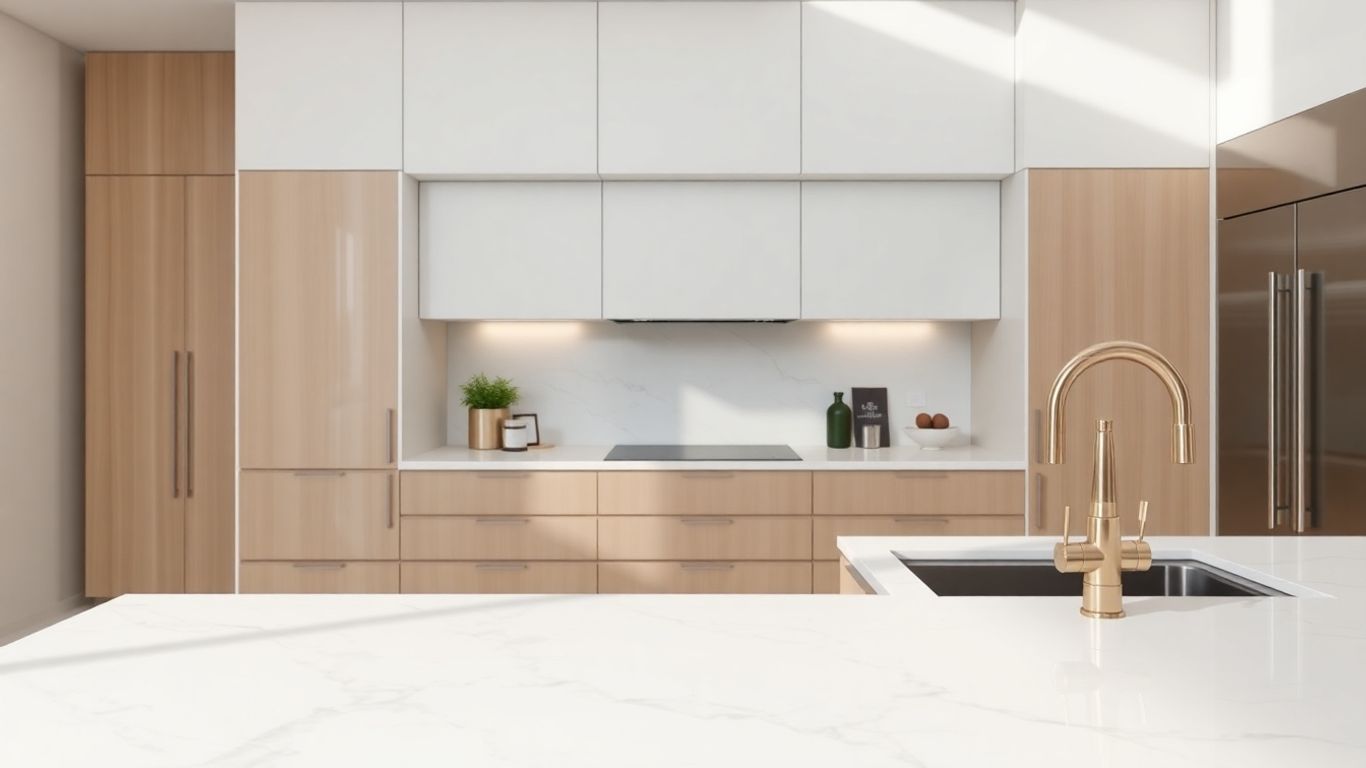 White Bianco Dolomite marble countertop in modern kitchen
