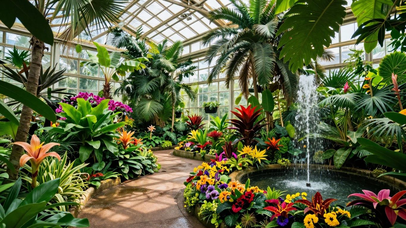 Tropische planten en bloemen in een zonnige kas.