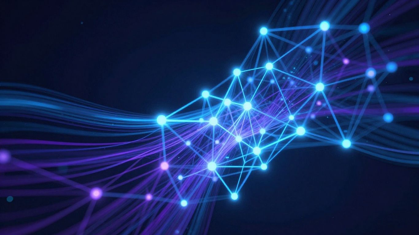 XRP Ledger blockchain network visualization with glowing data streams.