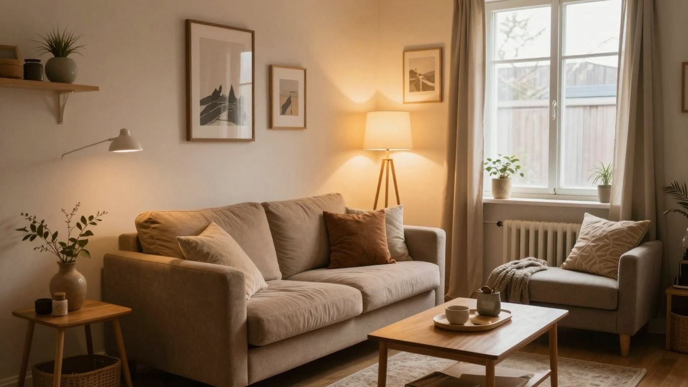 Warmly lit Airbnb living room with soft lamps.