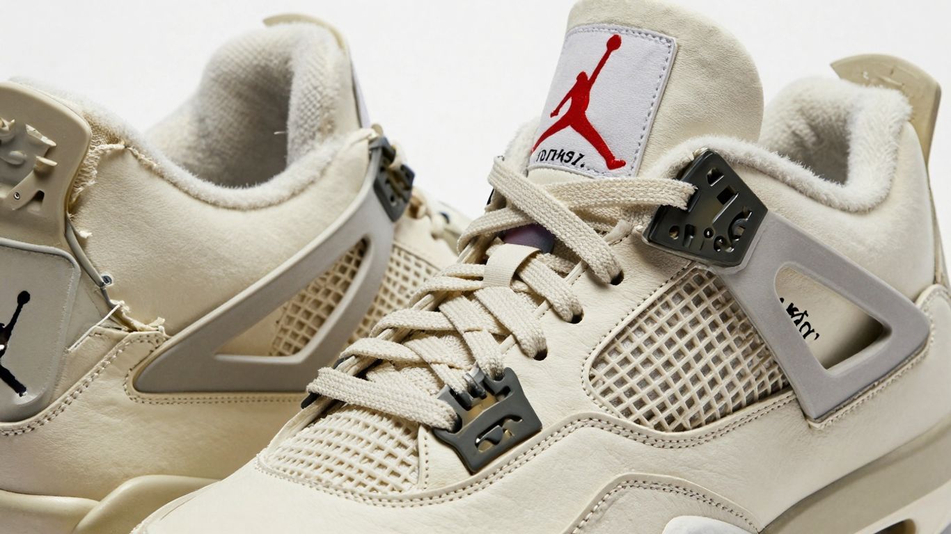 Adidași Jordan 4 Off-White cu detalii deconstruite.