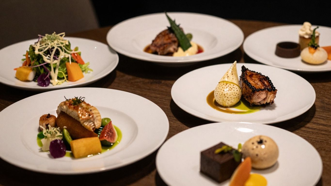 Gourmet food spread with colourful salads, entrees and desserts.