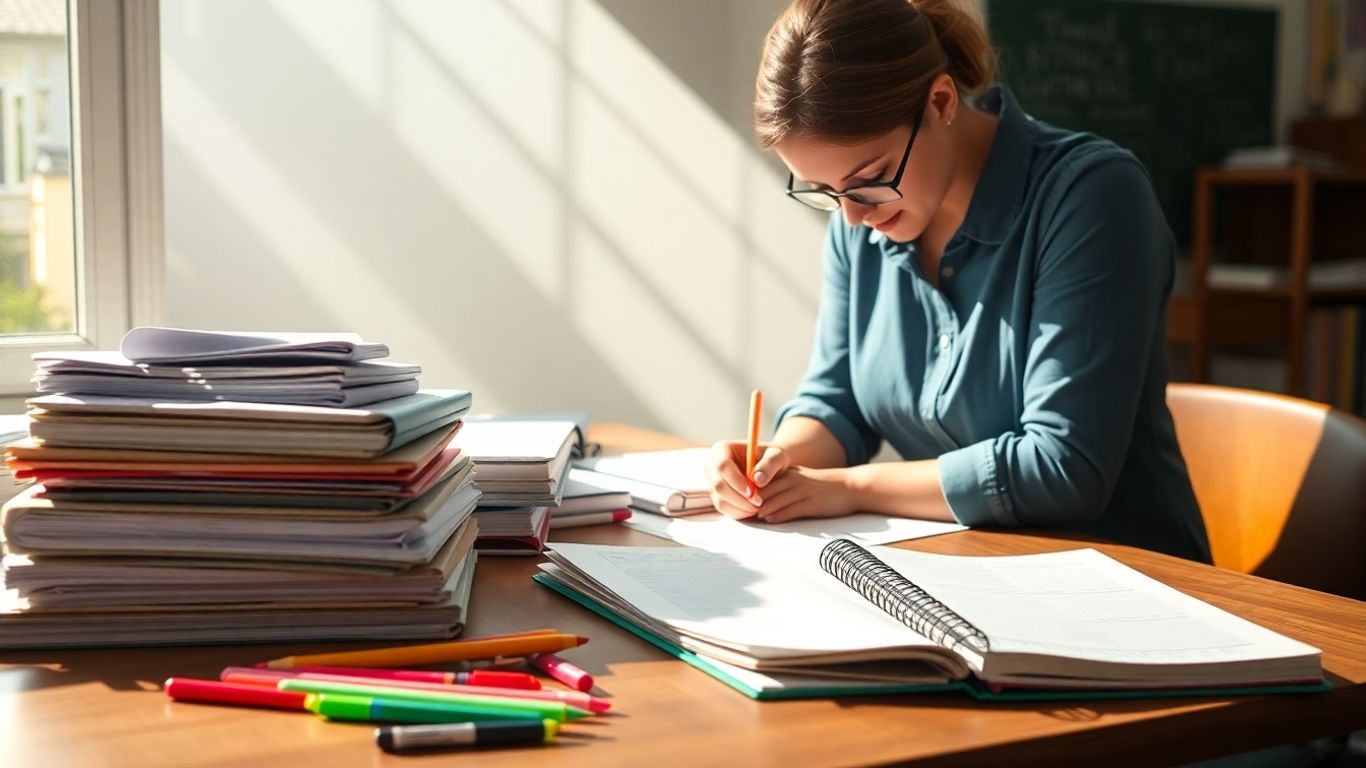 Lehrer plant Unterrichtsmaterialien und Bücher auf einem Schreibtisch.