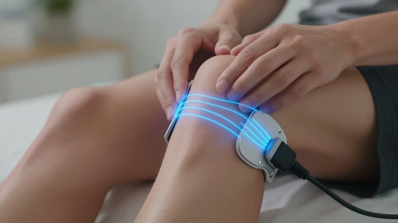 PEMF therapy device on a knee emitting blue light.