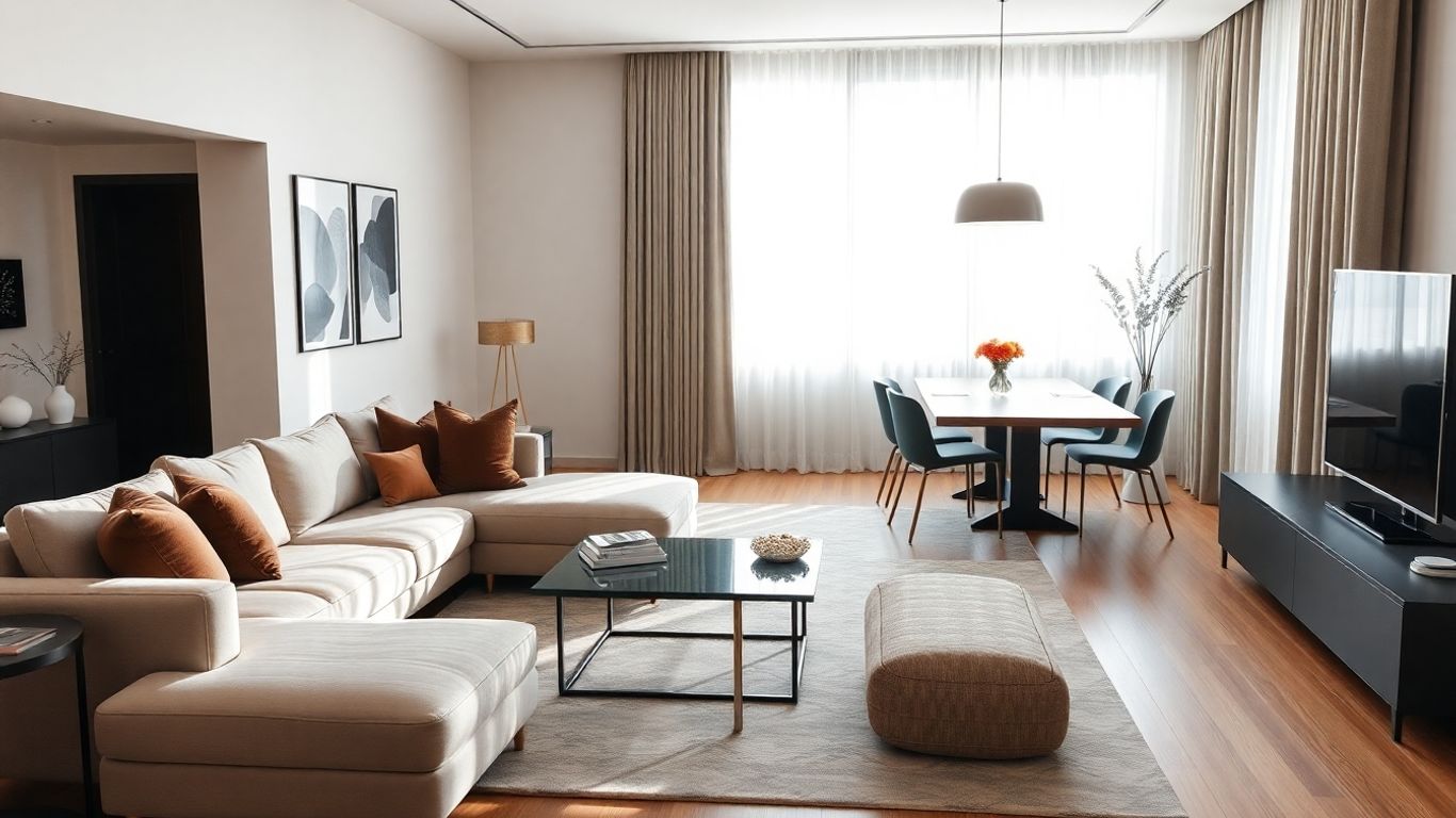 Living modern în formă de L cu zone separate.