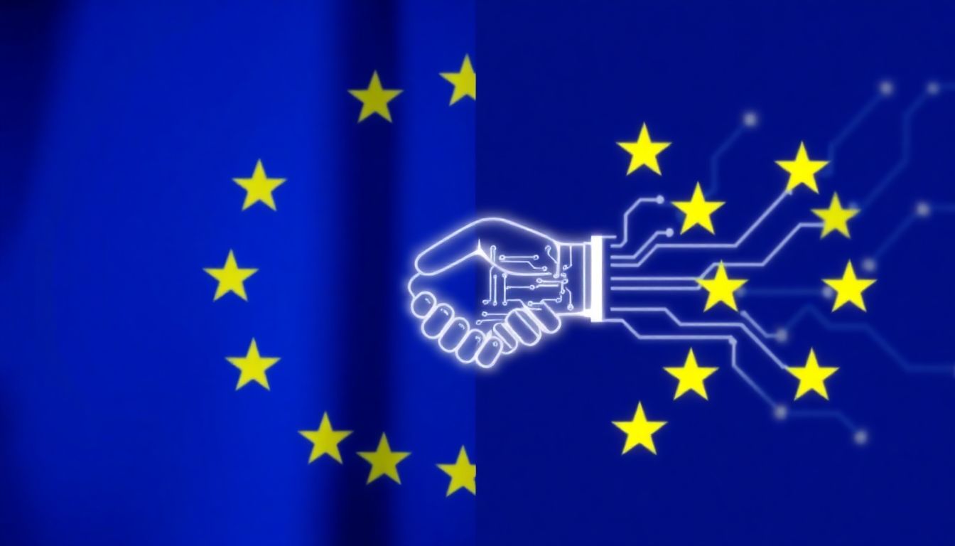 EU flag and AI imagery with a negotiation element.