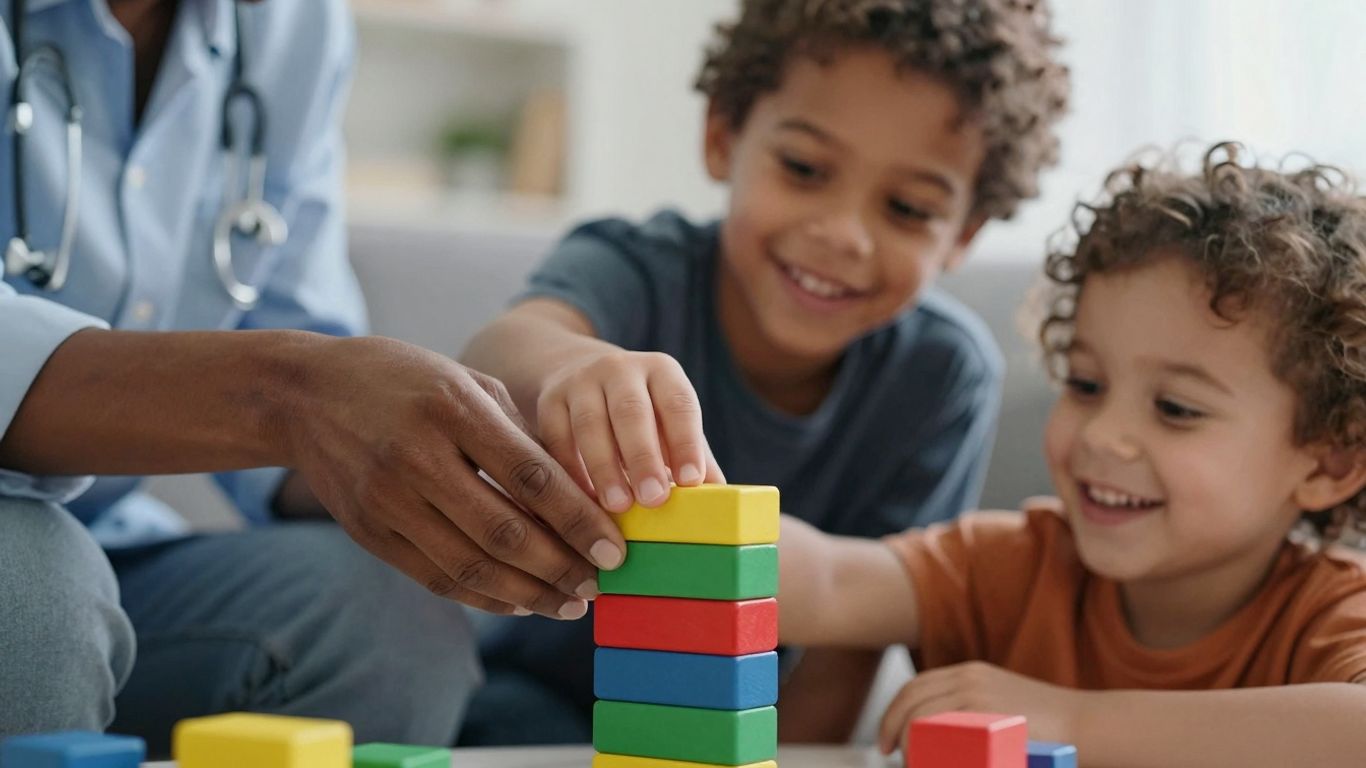 Therapist and child stacking blocks, ABA therapy.