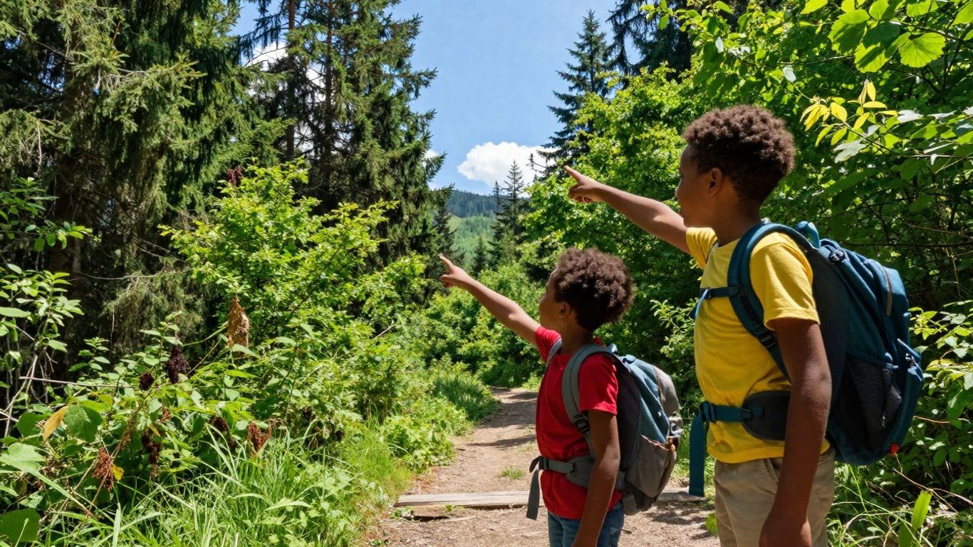 Familie wandert im Harz mit Kindern im Sonnenschein.