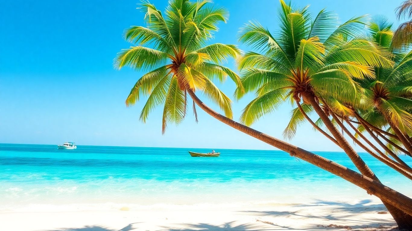 Tropical beach with palm trees and clear blue water.