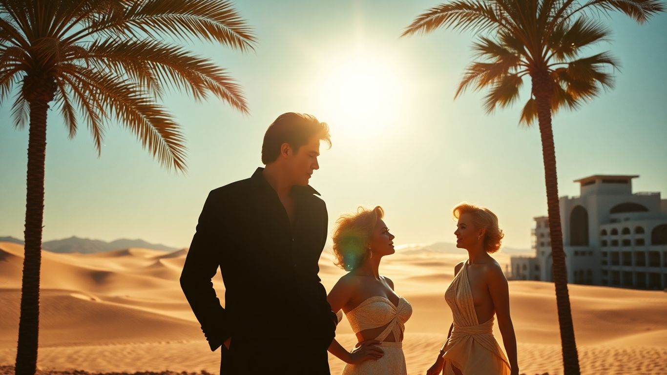 Desert glamour icons against sand dunes and palm trees.