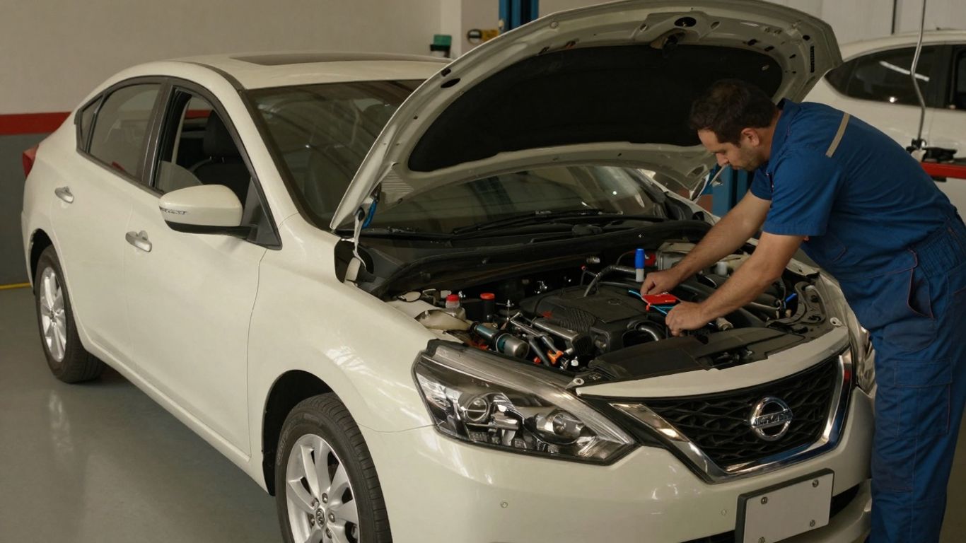 Nissan car undergoing professional maintenance in a service bay.