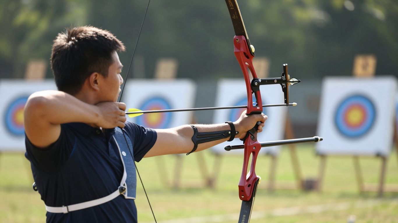 Archer aiming bow at target, outdoor range.