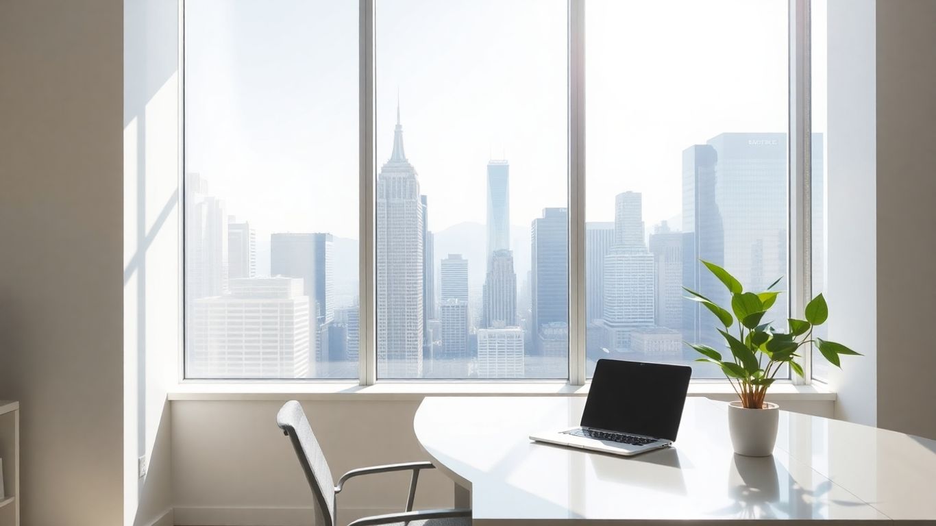 Modern office with city view and sunlight.