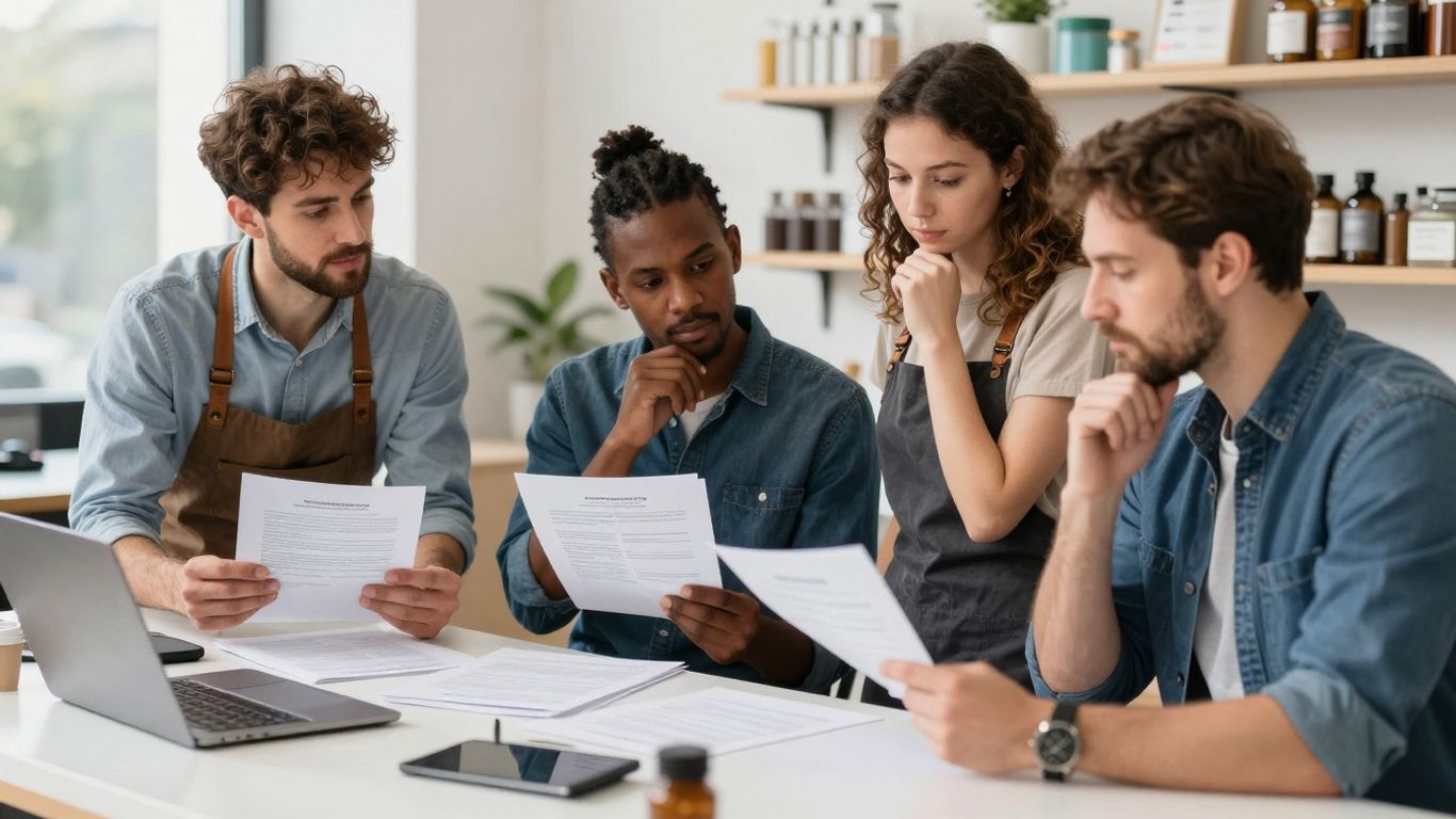 Small business owners reviewing insurance policies in their workplaces.