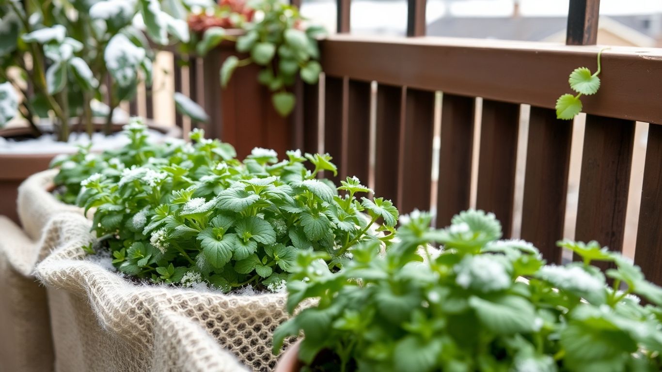 Kräuter im Winter mit Vlies geschützt auf einem Balkon.