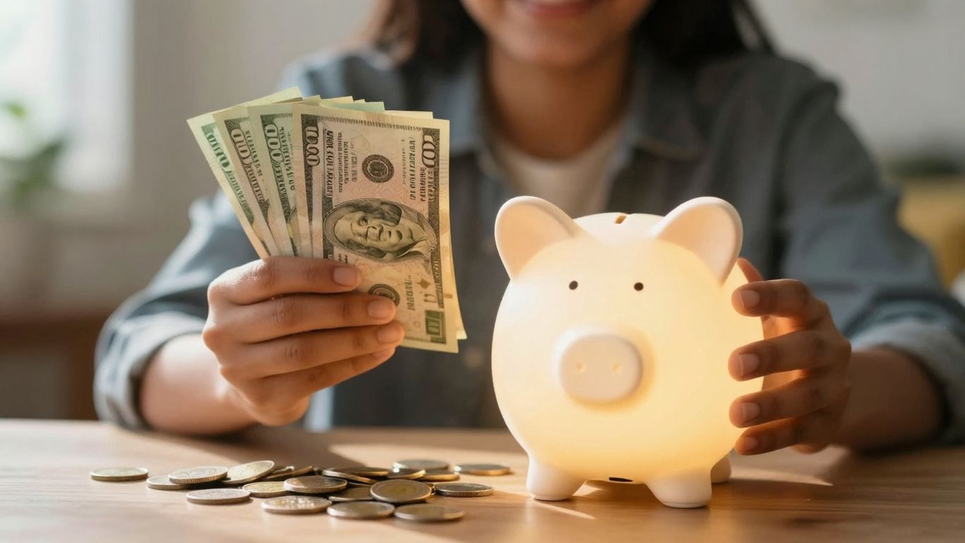 Person holding money near a glowing piggy bank.