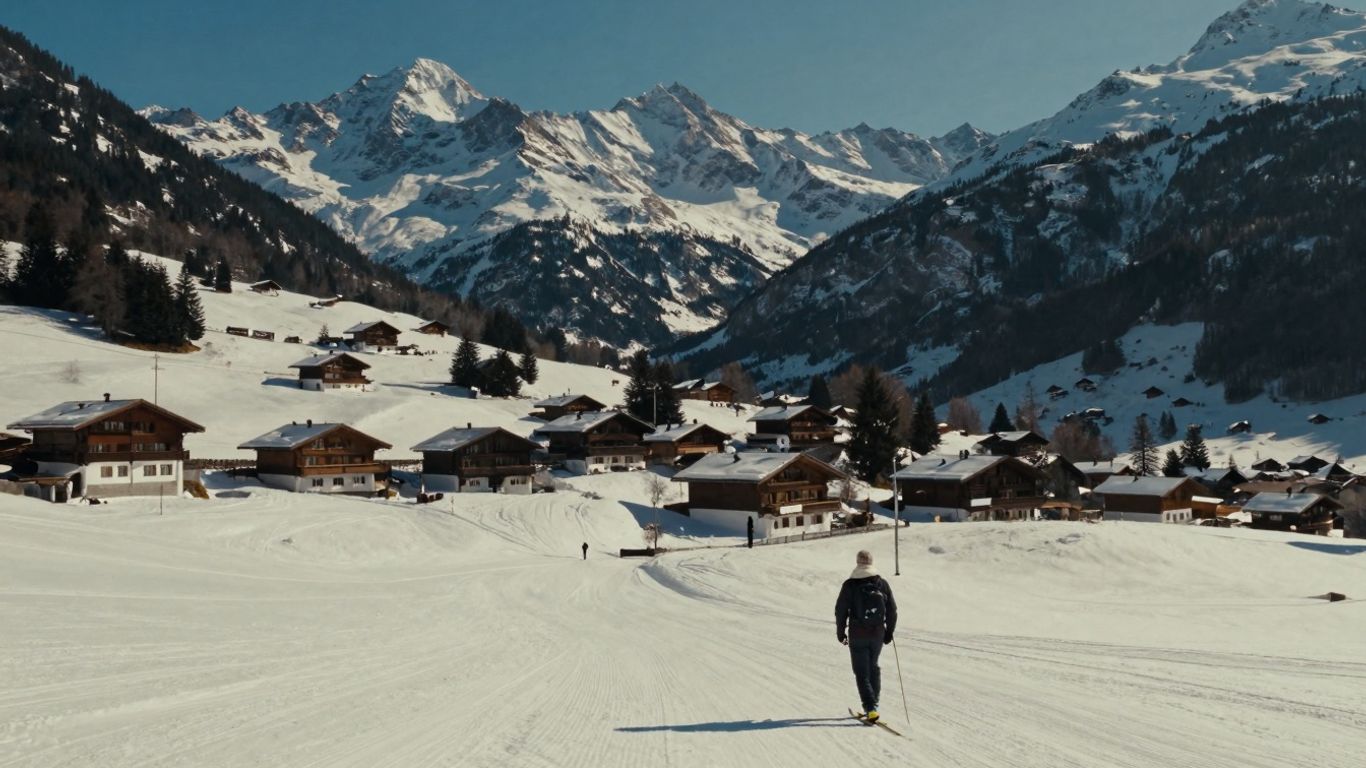 Snowy mountains above a Swiss village in Klosters.
