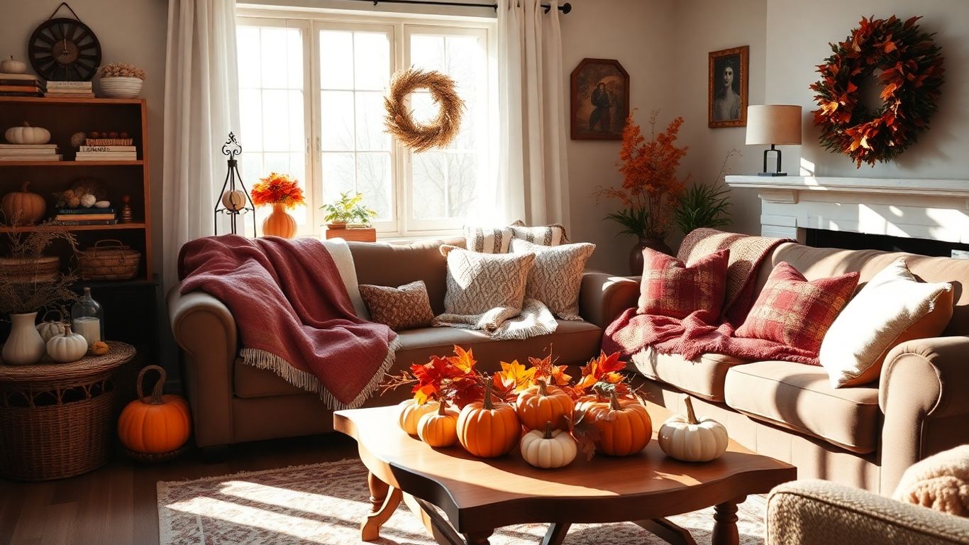 Cozy living room with autumn decor and sunlight.