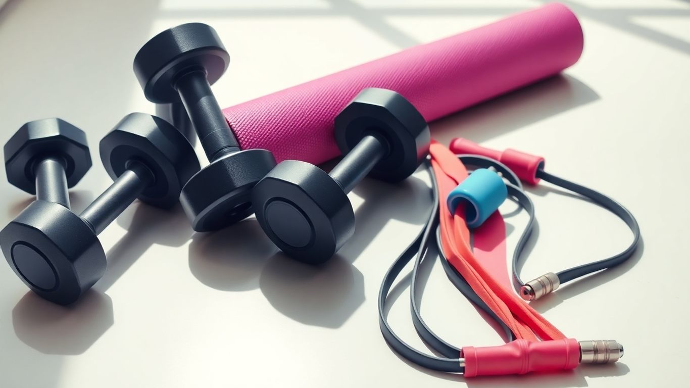 Various exercise fitness equipment for a home gym.