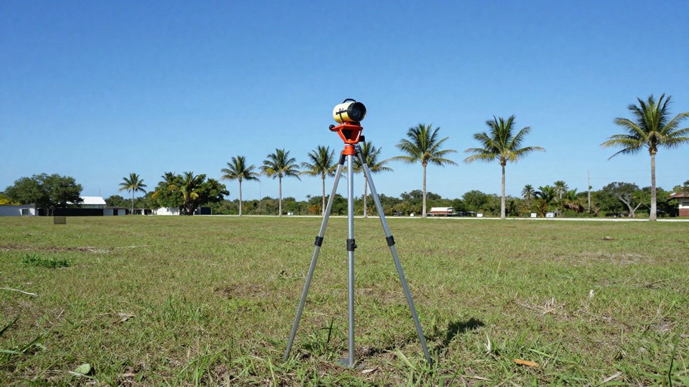 Florida land with surveyor's stake and palm trees.