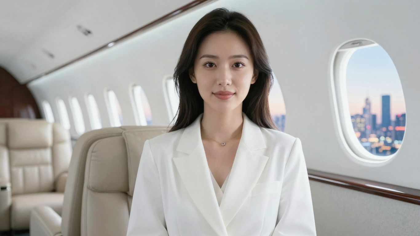 Luxurious private jet interior with city view.