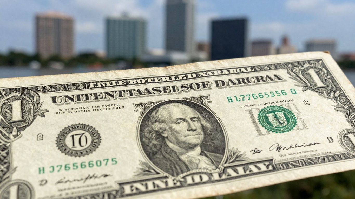 Silver certificate currency with Tampa skyline background.
