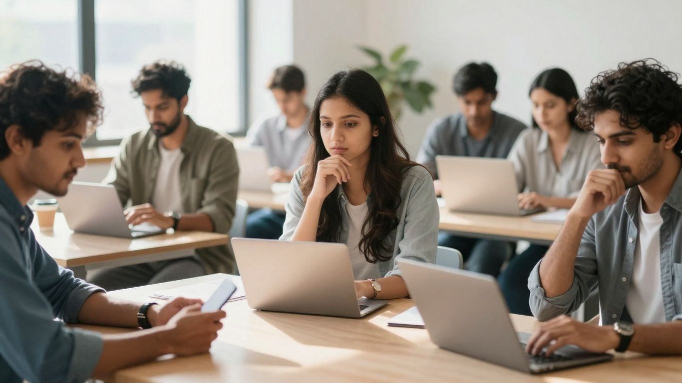 People interacting with technology in a bright, modern setting.