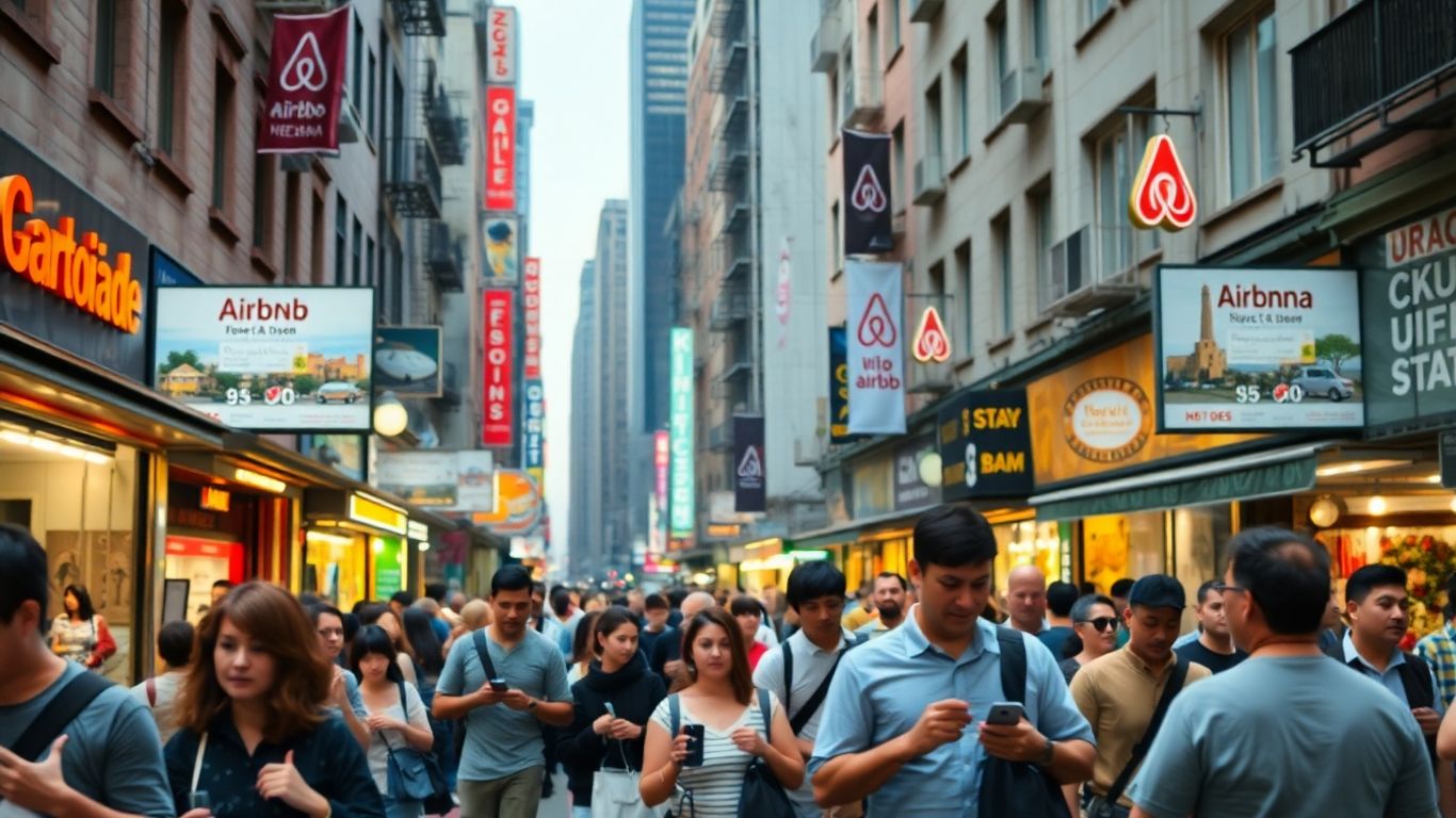 Busy market street with Airbnb listings and people.