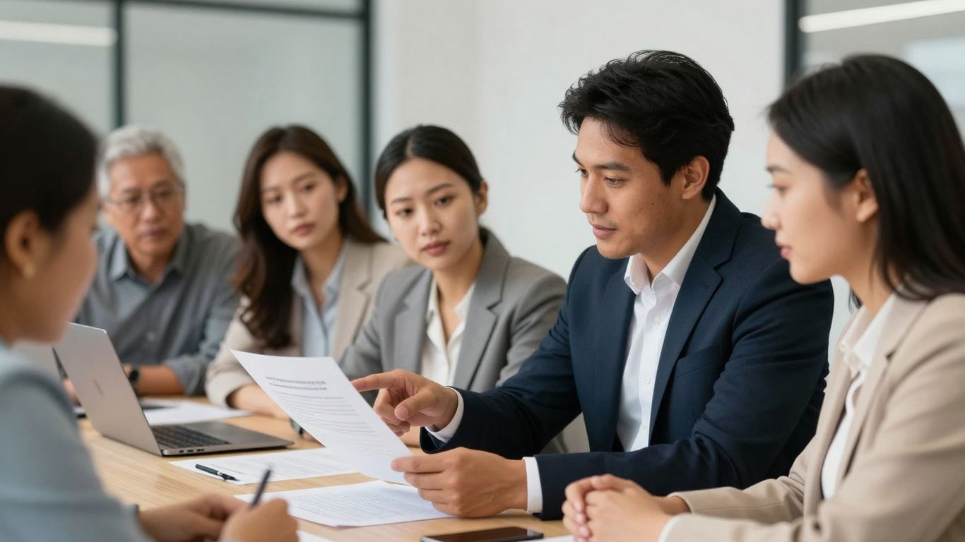 People reviewing insurance documents in an office.