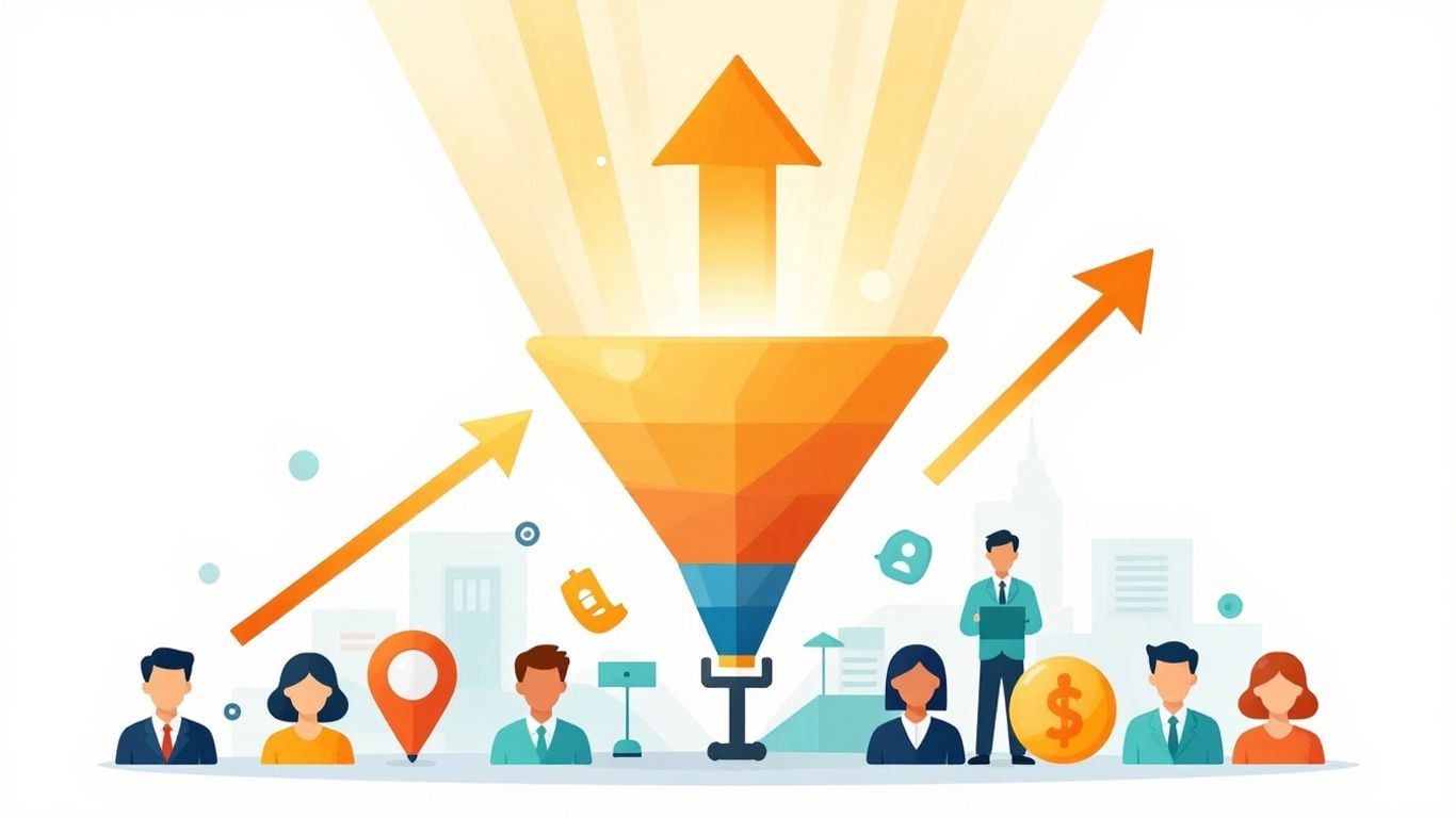 X1 Marketing Inc. | Sales Funnel Optimization That Improves Total Revenue Sales funnel with ascending arrows and golden light.