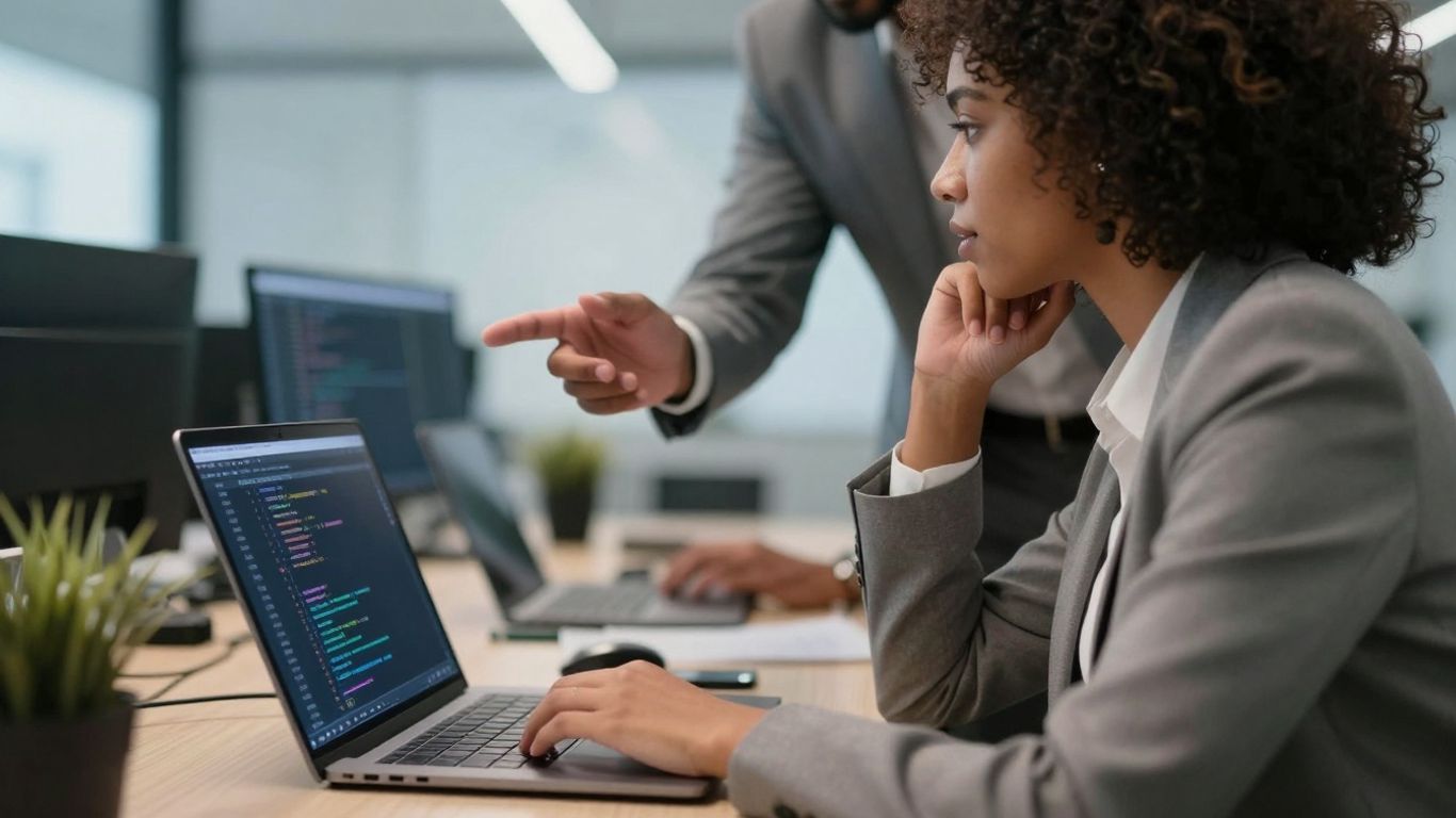 Part-time IT leaders collaborating over a laptop.