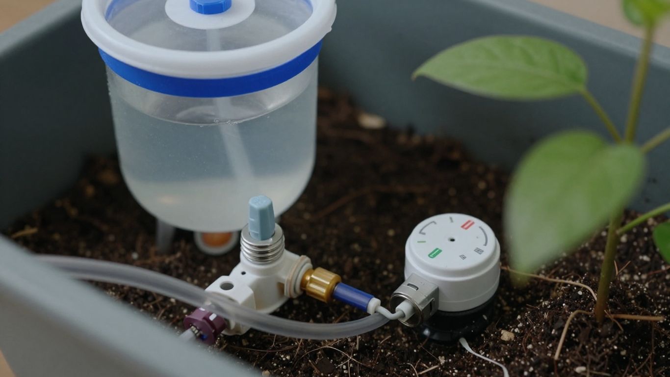 Système d'arrosage autonome fait maison avec tuyaux et réservoir.