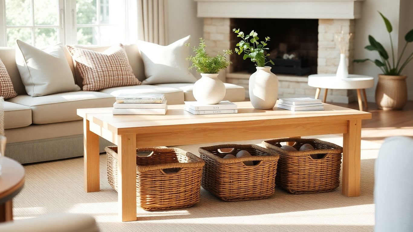 Coastal coffee table in a sunlit living room.