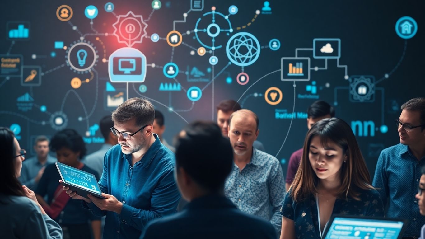 People interacting with digital interfaces and thought processes.