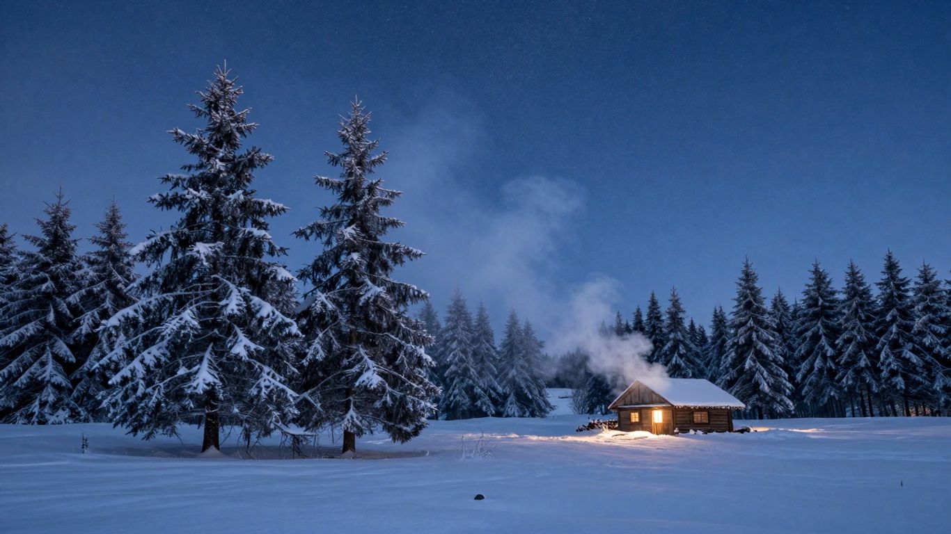 Mystische Winterlandschaft mit Rauch und Sternenhimmel
